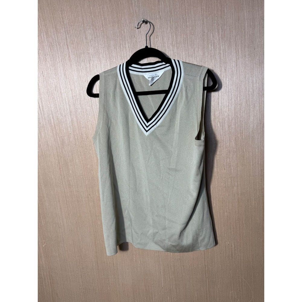 Misook Womens XL beige Knit V-Neck Sweater Vest Striped Trim Sleeveless Top